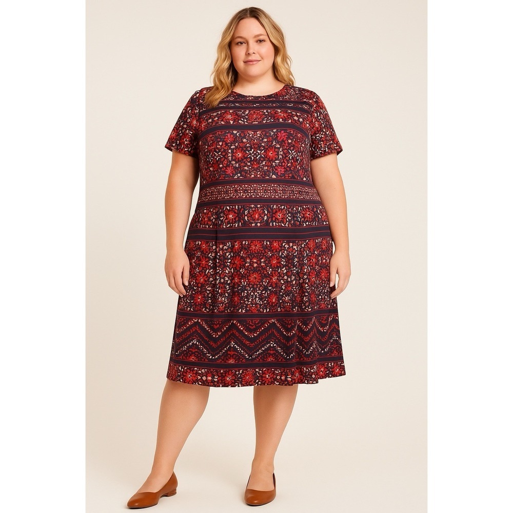 Chico's XL Boho Floral‎ Midi Dress Multicolor Geometric Print Fall Casual Chic